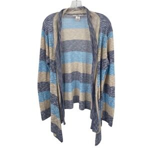 Two One Two New York SzL Open Front Cardigan Blue Beige Striped Lightweight Knit